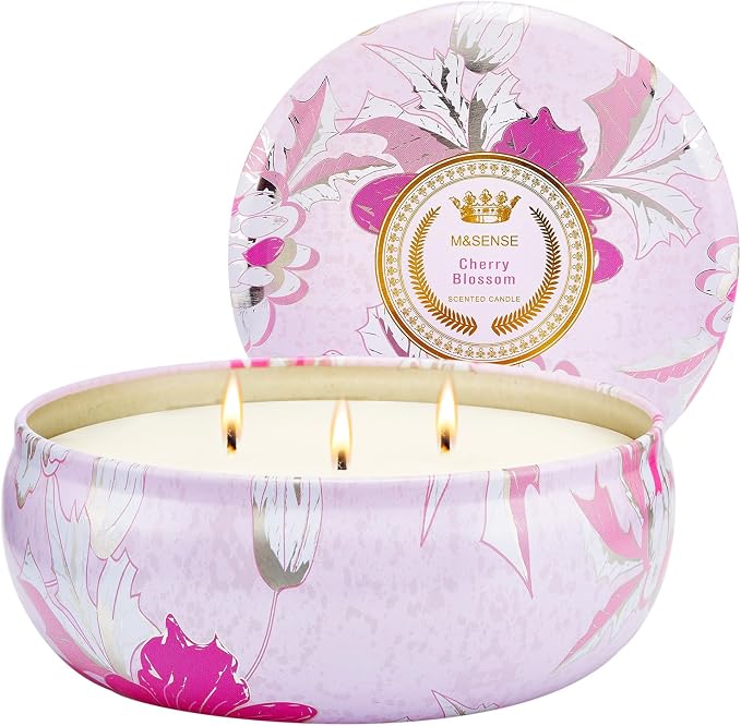 M&SENSE Cherry Blossom Scented Candles 12 oz, Large 3 Wick Soy Tin Candle, Over 40 Hour Burning Time, 100% Natural Vegan Wax, Relaxing Aromatherapy Aesthetic Candle Gift for Women and Men