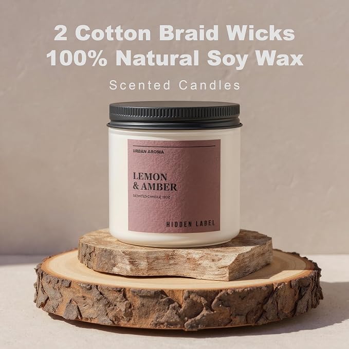Hidden Label Lemon Amber Soy Candle, 12oz 2-Wick, 70H Bright Warmth | Non-Toxic Natural Wax, Paraben & Phthalate-Free, Clean Burn | Elegant Decor & Gift-Ready | Uplift & Relaxation