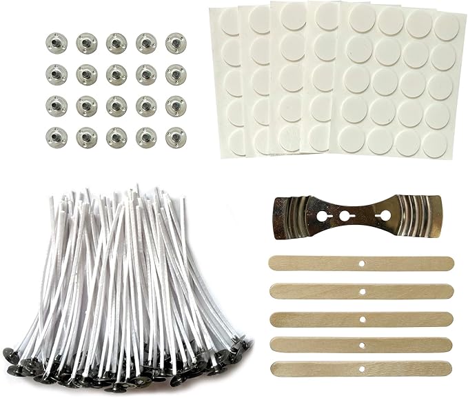 100Pcs Candle Wicks 4 Inch,100pcs Candle Wick Stickers,Candle Wick Centering Device,20 Pcs Metal Sustainer Tabs,5pcs Candle Wick Holder Materiales para Hacer Velas