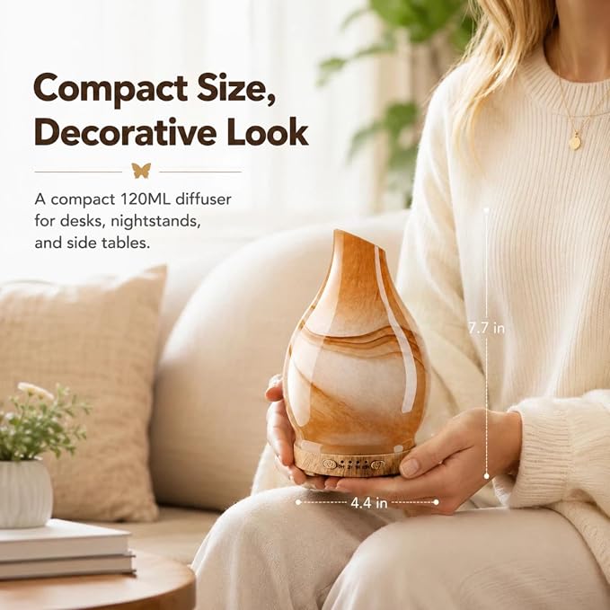 Essential Oil Diffuser, 120 ml Glass Aromatherapy Diffuser with 7 Color Lights, Auto Shut-Off and 4 Timer Settings, Ultrasonic Cool Mist Diffuser for Home Room Office (Dessert)
