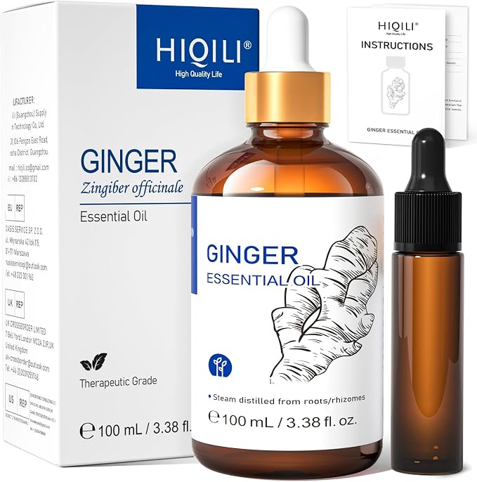 HIQILI Ginger Essential Oil 3.38 Fl Oz, for Massage, Diffuser, Large Bottle with Dropper & Gift Box -100ml