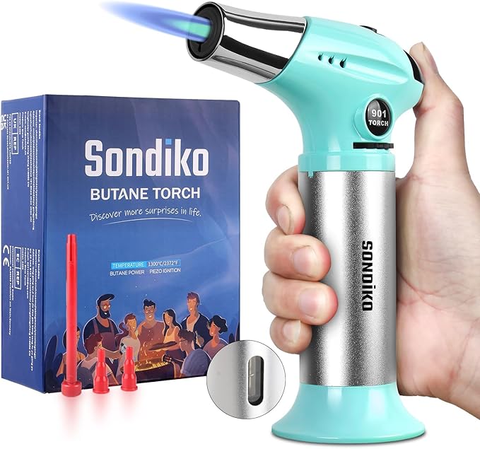 Sondiko Creme Brulee Torch, Refillable Butane Torch Lighter with Adjustable Flame for Creme Brulee, BBQ and Baking, Butane Gas Not Included