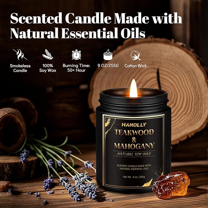 Teakwood & Mahogany Candle, 9 oz Scented Candles for Home Soy Candle Wax, Aromatherapy Candles for Women Men, Birthday Christmas Gifts, Perfect for Creating a Luxurious Ambiance