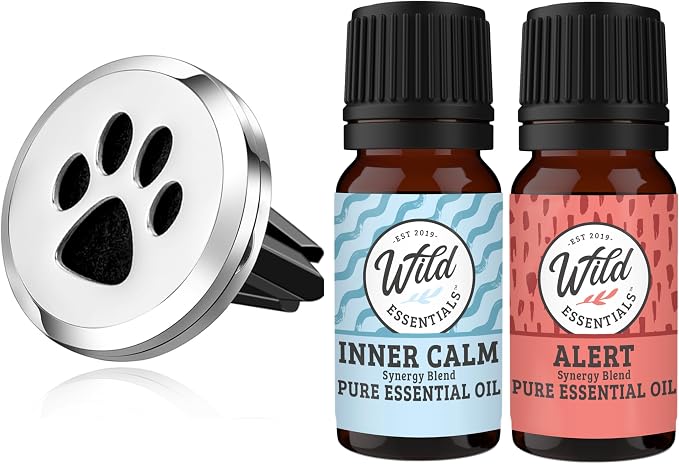 Wild Essentials Dog Paw Essential Oil Car Vent Diffuser Kit – 316L Stainless Steel Locket, Rubber-Coated 4-Way Clip, 8 Color Pads (22mm), 25mm – Includes Alert & Inner Calm (2 x 10ml)