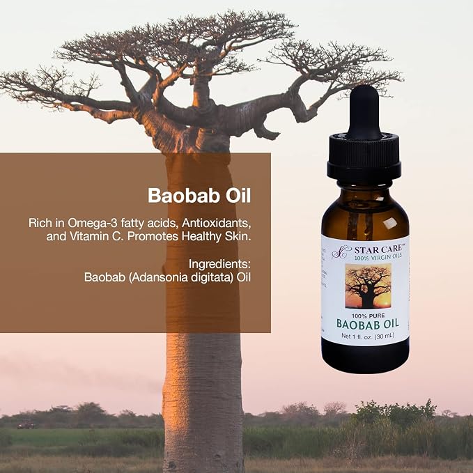 100% Pure Baobab Oil - Cold Pressed Virgin Adansonia Digitata Oil for Face, Body & Hair, Rich in Vitamin C & Omega-3, Natural Skin Moisturizer & Scalp Treatment - 1 fl oz (30ml)