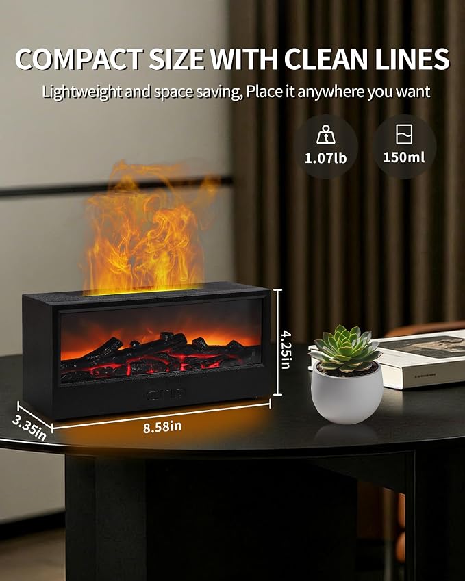Essential Oil Diffuser, 7-Color Fireplace Flame Aromatherapy Humidifier, 150ml Ultrasonic Humidifier with Remote Control, Timer & Auto-Off, Gift for Bedroom Home Office and Yoga