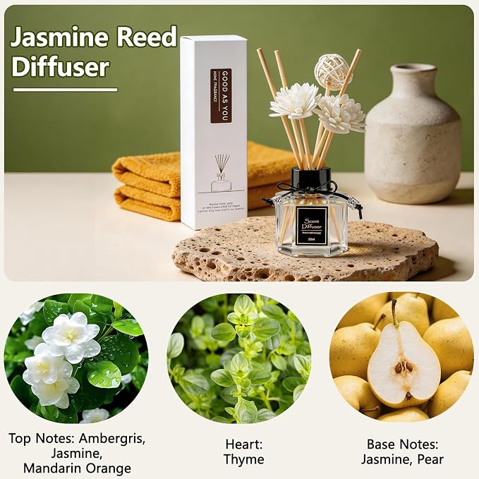 Jasmine Reed Diffuser 1.7 fl oz, Exotic Floral Home Fragrance, Non-Toxic Essential Oil with 6 Scent Sticks, Long-Lasting Natural Air Freshener for Living Room & Bedroom & Gift