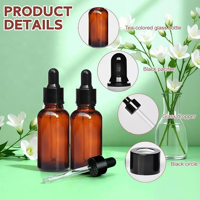 erioctry 5ML/10ML Amber Glass Essential Oil Bottles and Eyed Dropper Black Caps Makeup Cosmetic Sample Container Boxes of Glass for Essential Oil Aromatherapy Use(Pack of 12) (10ML)