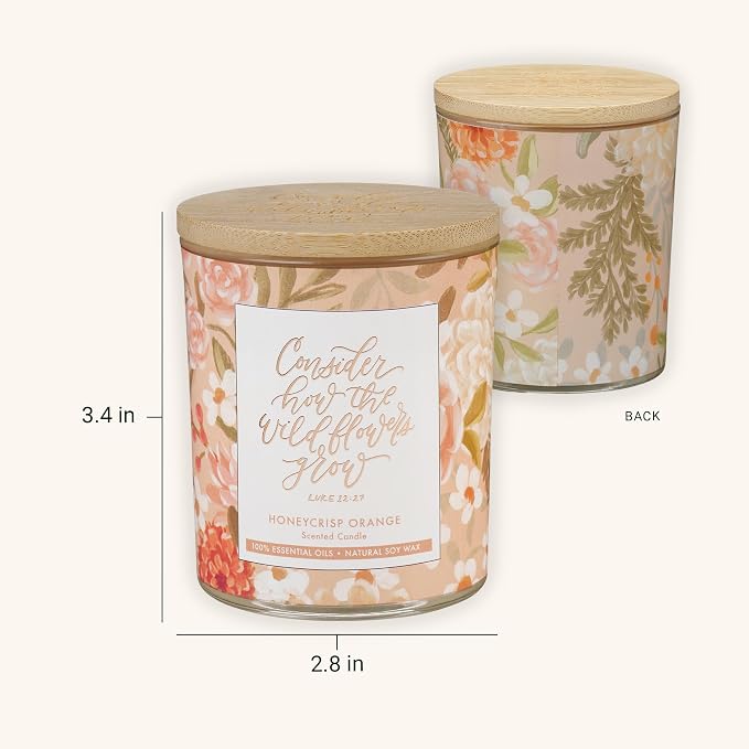Christian Art Gifts Soy Wax Scented Candle: Honeycrisp Orange Scent, Wildflowers Grow Bible Verse, Pure Essential Oils, 4.5 oz, Up to 20 Hours Burn Time, Glass Jar w/Bamboo Lid, Encouragement Gift