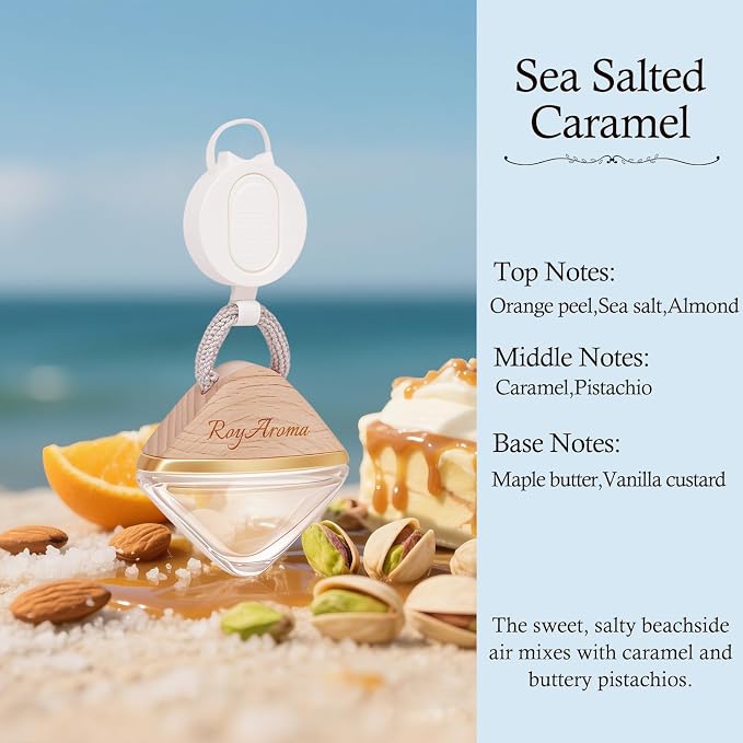 Royaroma Long Lasting Car Fresheners for Women, Non Toxic Car Air Freshener with Adjustable Rope,Luxury Cars Diffusers for Essential Oils, Clear Plant-Based Essential Oil | Sea Salted Caramel Scent