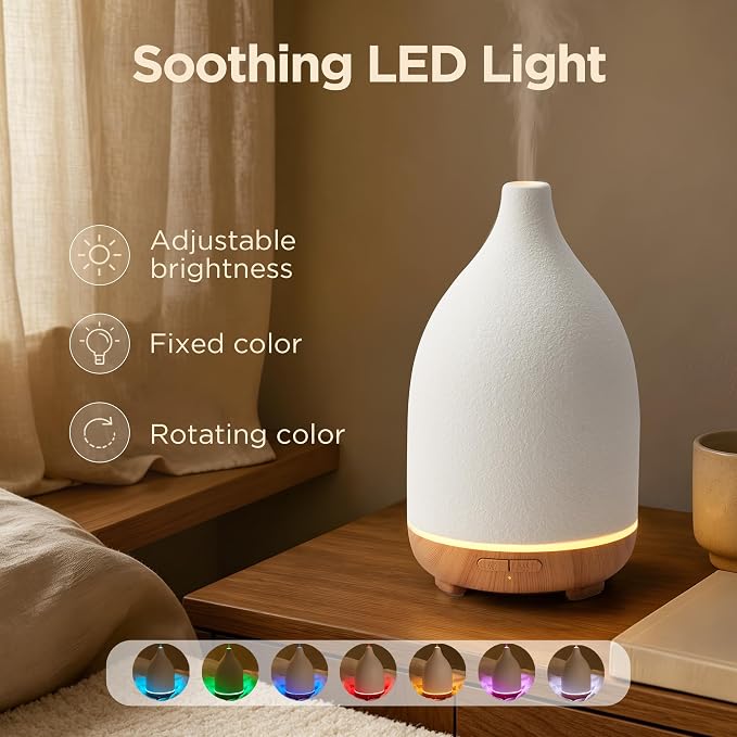 InnoGear Oil Diffuser, 150ML Ceramic Diffuser for Essential Oils Handcrafted Aromatherapy Diffuser Mother's Gift Ultrasonic Cool Mist Humidifier with 2 Mist Modes Waterless Auto Off for Home, White