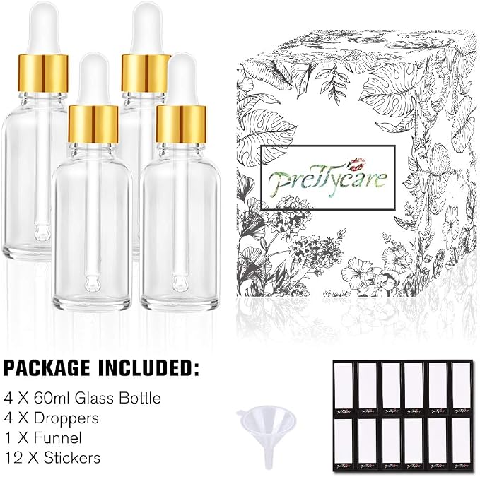 PrettyCare 2 oz Dropper Bottles, 4 Pack Clear Glass Bottles 60ml with Golden Caps, 12 Labels, Funnel & Measured Pipettes-Empty Tincture for Essential Oils & Skincare