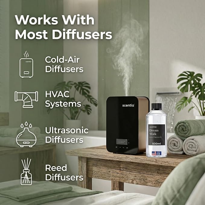 Scentia Dream Walk Diffuser Oil for HVAC Scent Machine – Hotel Fragrance Inspired by 5-Star Spa Resort – 500 mL – White Tea, Cedarwood & Amber Oil for Commercial & Cold Air Diffusers, Made in USA