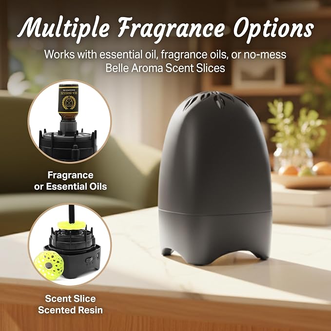 Belle Aroma Essential Breeze Max Aromatherapy Fan – Upgraded Dry Diffuser for Essential Oils or EVA Inserts – Battery or USB Powered – 30-Day Scent – No Water – for Desk, Travel, or Car - Slate