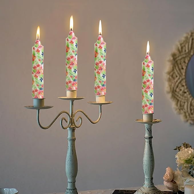 7 inch Short Candle Floral Candle Sticks Printed Candlestick Handmade Unscented Taper Candle 4 Pack Flower Tapered Candles for Home Dinner Wedding Holiday