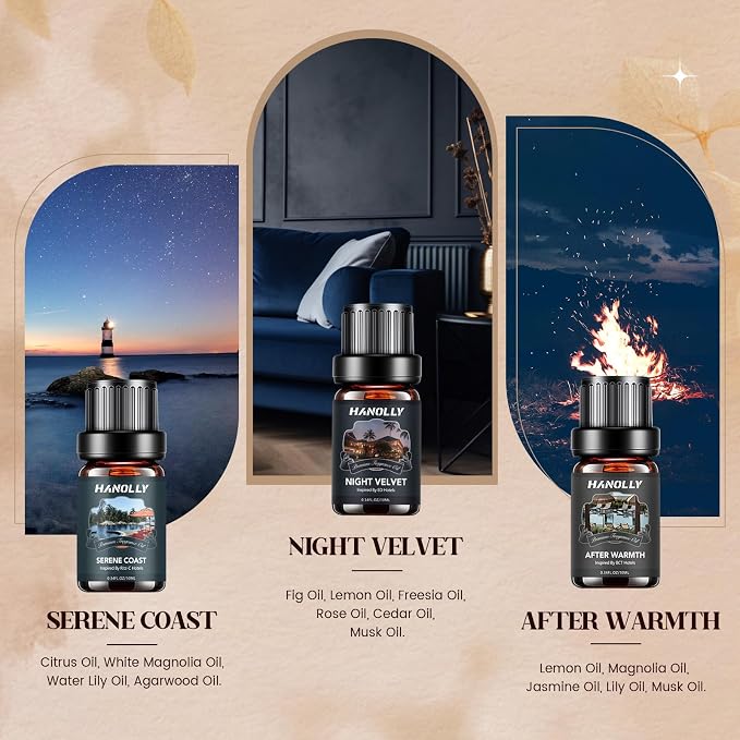 Hotel Diffuser Oils Gift Set - 6x10ML Luxury Hotel Scent Essential Oils Set for Diffuser, Candle Making - My Route, Serene Coast, Night Velvet, 24K Bloom, Dream State, After Warmth Fragrance Oil