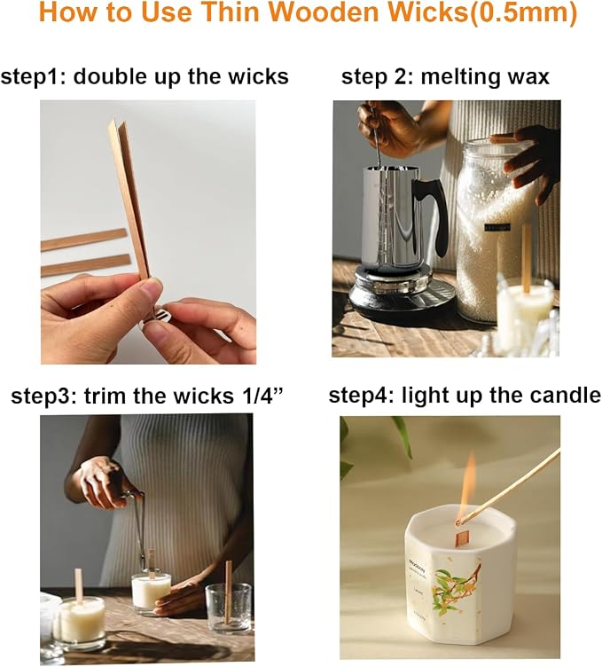 100 Pcs Smokeless Cherry Wood Candle Wicks, Long Lasting Flame, Easily Burn, Candle Cores with Stand and Glue Dot, Warning Label for DIY Candle Making