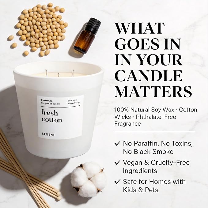 Hidden Label Fresh Cotton Scented Candle, Non Toxic 30oz Large 3-Wick Soy Wax Candle, Up to 120 Hours Long Burning, Clean Cotton Home Fragrance for Bedroom, Relaxation & Housewarming Gift