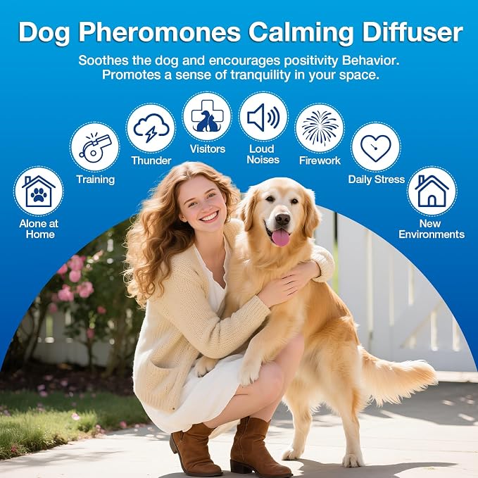 Dog Calming Pheromones Diffuser 6 in 1 Kit Appeasing Pheromone Diffuser to Calm (2 Plug in+4 Pack 48ml Refill) for Anxiety Relief Reduce Aggression Fighting Barking Stress 120 Day Supply(Tasteless)