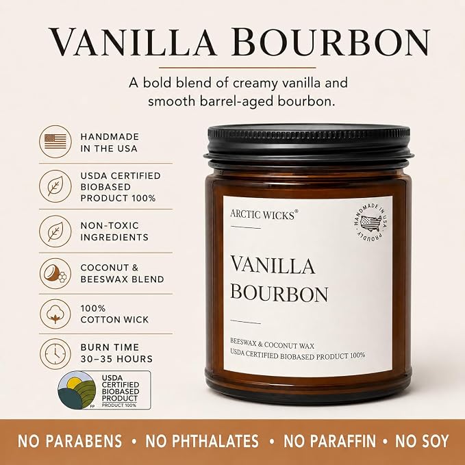 Vanilla Bourbon Candle | Arctic Wicks 9oz Coconut & Beeswax Candles | Scented Non-Toxic Candles for Fall, Winter, Holidays, Gifts for Him, Whiskey Bourbon, Vanilla Candle | USDA Certified Biobased