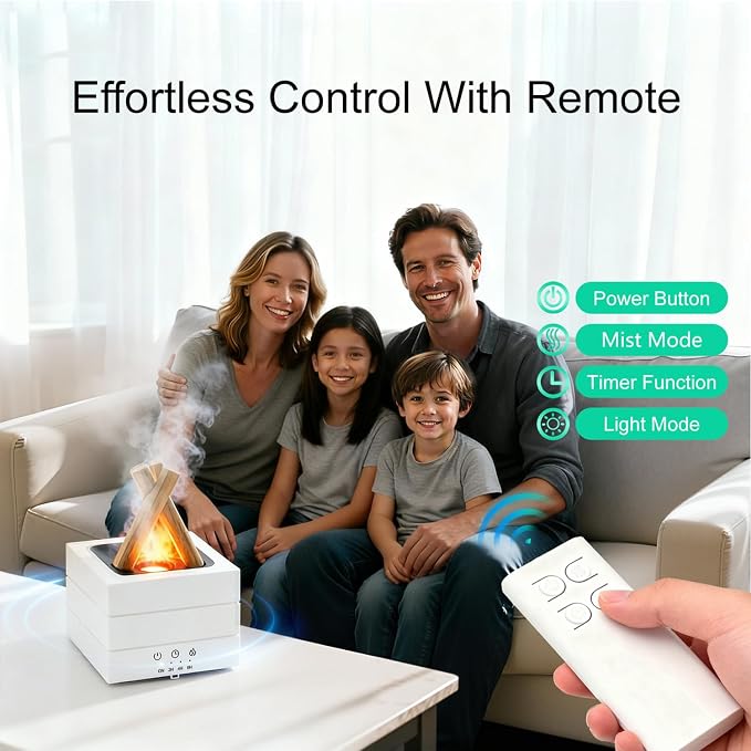 Campfire Flame Essential Oil Diffuser, 280ml Ultrasonic Cool Mist Aromatherapy Humidifier with Remote Control, 7-Color LED Lights, Timer & Auto-Off for Home, Office & Bedroom (White)