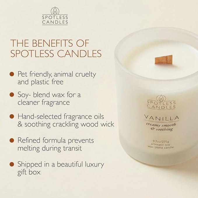 Vanilla Candle; 275g, 55 Hrs Burn Time, Soy Wax White Frosted Jar with Crackling Wooden Wick & Luxury Gift Box: Vanilla Scented Candle by Spotless Candles