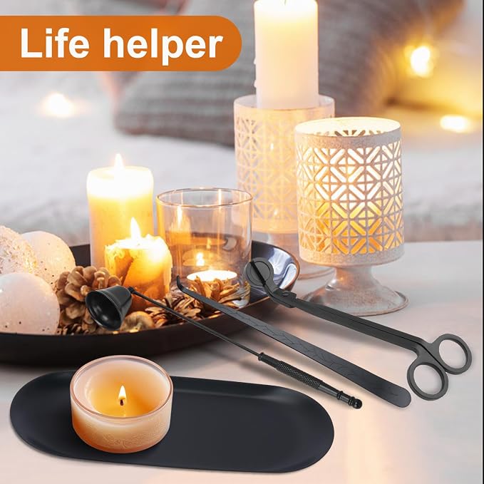 4 in 1 Candle Accessory Set with Storage Tray Plate, Premium Candle Wick Trimmer, Candle Snuffer, Wick Dipper & Storage Tray Plate with Gift Package, Ideal for Scented Candle Lovers (Black)