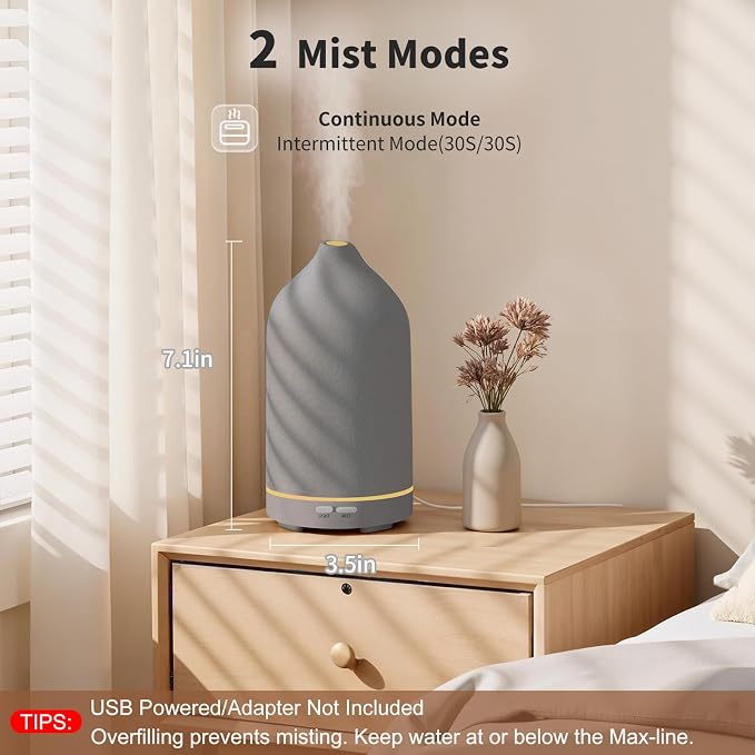 URPOWER 120ML Essential Oil Diffuser Aromatherapy Diffuser Oil Machine with Elegant Gray Ceramic Design Ultrasonic Cool Mist Humidifier with 7 LED Lights, Auto-Off for Home Decor & Relaxation Office