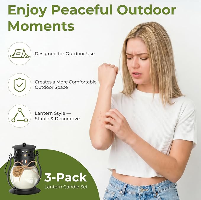 Citronella Candles Outdoor 3 Pack, Vintage Metal Lantern Soy Wax Candles, Long Burning Scented Patio & Camping Candles, Summer Outdoor Decor Gift for Women (3 x 3.5 oz)