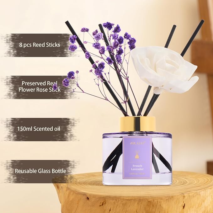 Airkeep Flower Reed Diffuser Set, French Lavender Diffuser Set, 5.07 Fl.oz (150ml), Home Fragrance, Bathroom, Bedroom & Home Décor, Air Freshener