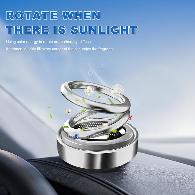 Solar Rotating Car Air Freshener, Solar Energy Refillable Car Dashboard Aromatherapy Ornament, Double Ring Fragrance Diffuser Decorative Accessories for Vehicle Home Office (Silver)