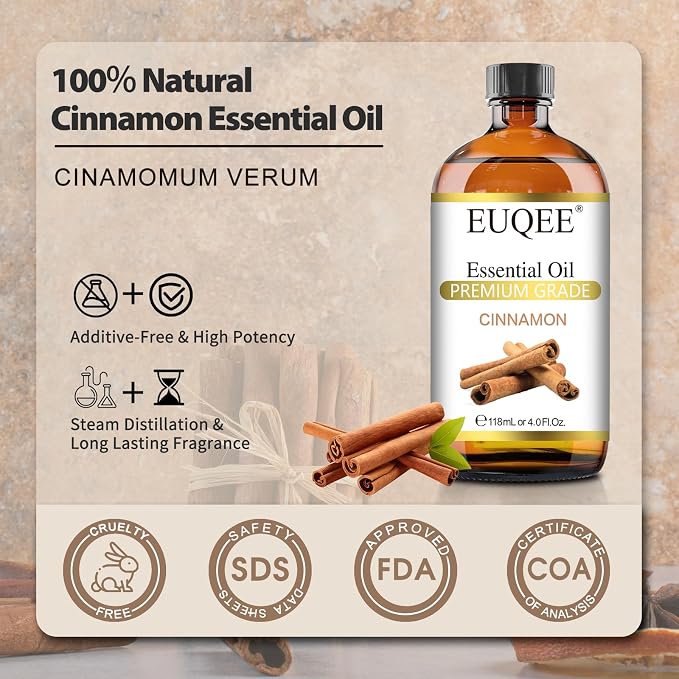 EUQEE Cinnamon Essential Oil 118ml Pure Essential Oil for Diffuser, Aromatherapy, DIY Soap, Candle Making - 4 Fl.Oz, Cinnamon,4 Fl Oz (Pack of 1)