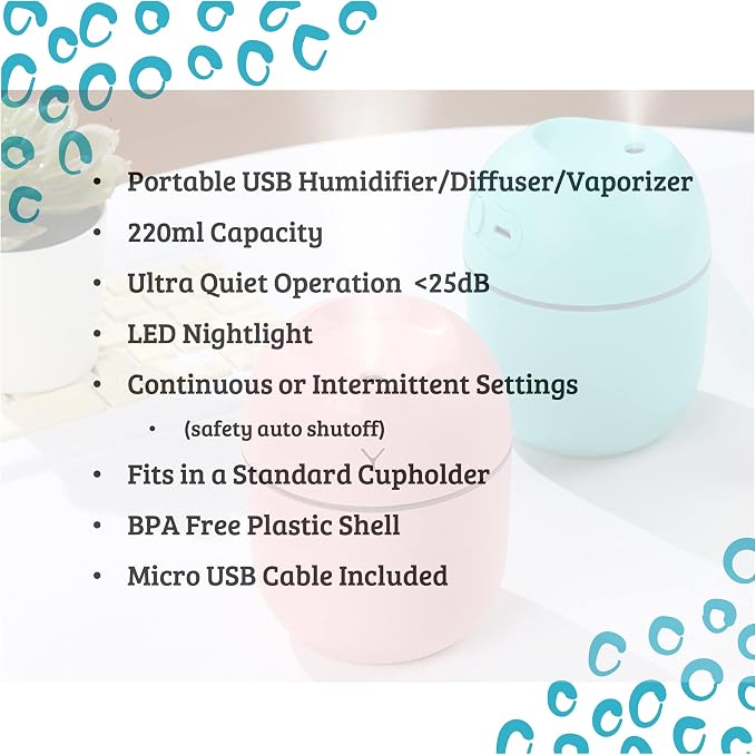 Wild Essentials 220ml Cool Mist Essential Oil Diffuser/Humidifier, Aromatherapy, Nightlight, Portable, USB Power, Auto Off, Room, Office, Car (White)
