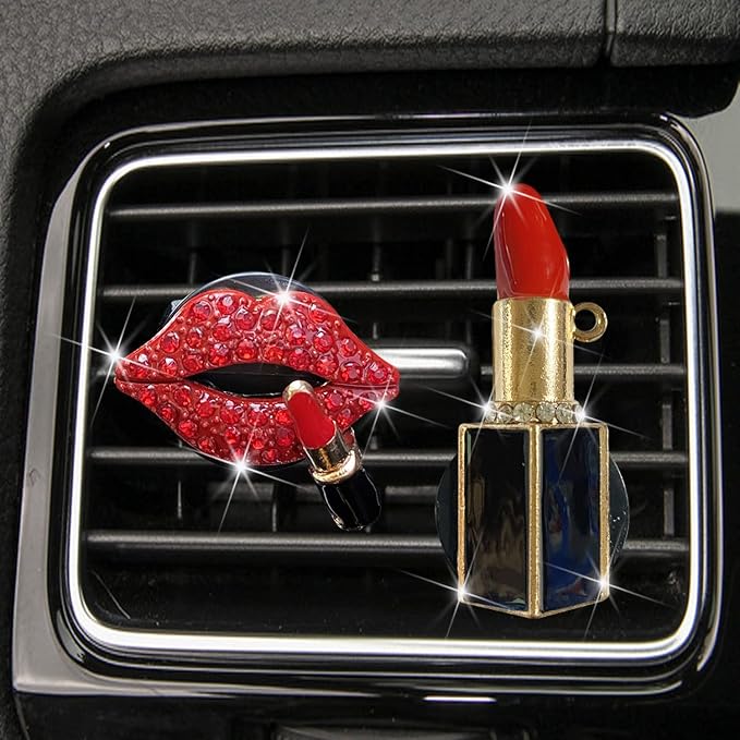 Crystal Lips Vent Clip，Sexy Lips Bling Car Charm Air Vent Clips Rhinestone Car Interior Accessories Diamond Car Decor for Girls & Women（Red）