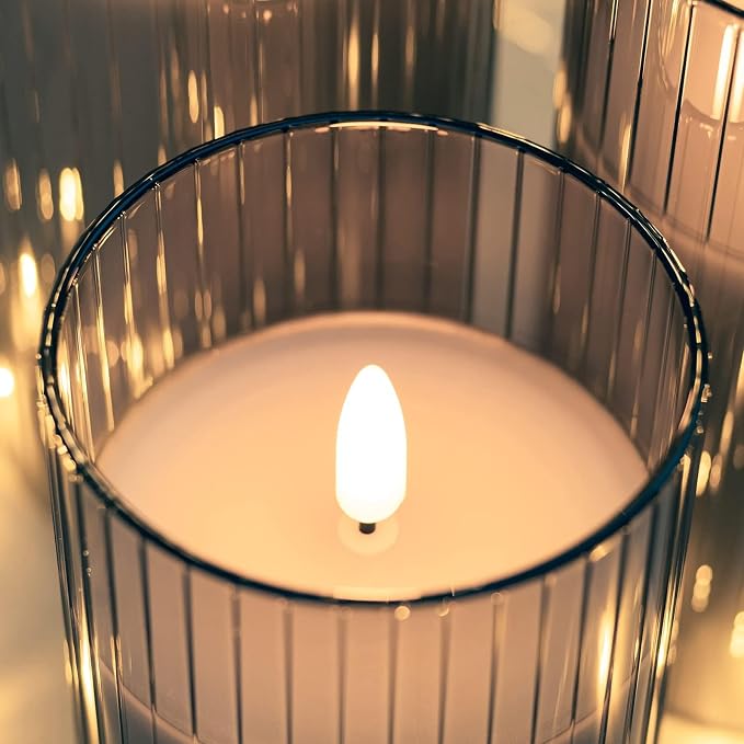 ANGELLOONG Gray Flameless Candles with Remote, Battery Operated LED Pillar Candle Set with Timer, Ribbed Glass Real Wax Flickering Candles for Home Decor, Set of 3
