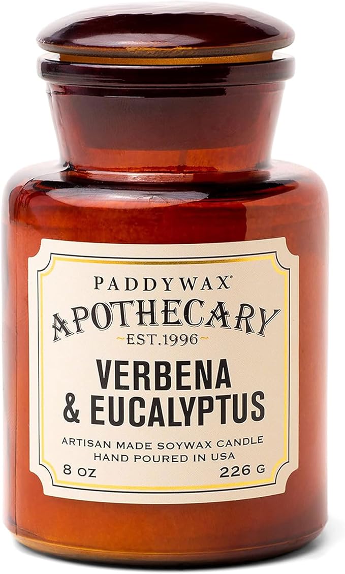 Paddywax Artisan Apothecary Scented Candle with Lid in Reusable Glass Jar, Clean-Burn Soy Candle with Approx. 54 Hour Burn Time, Verbena & Eucalyptus, 8 oz.