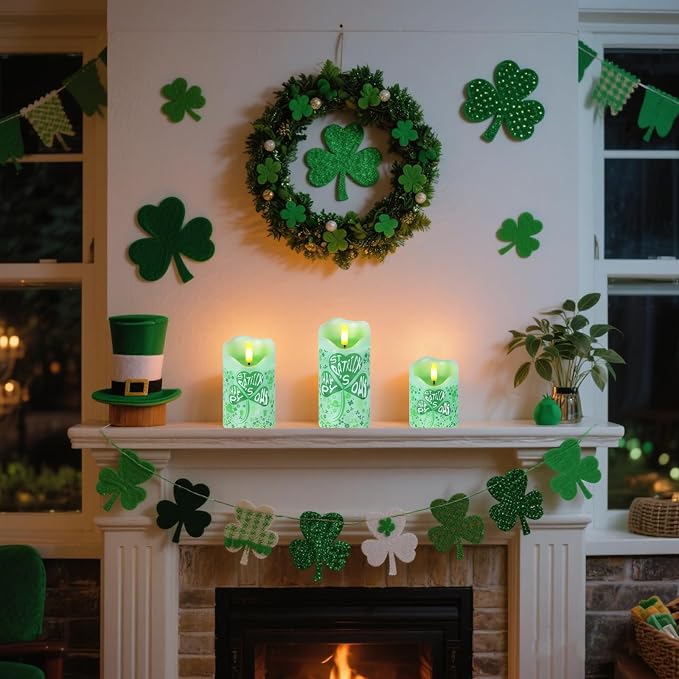 Flameless Candles Lights, Set of 3 Flickering St. Patrick's Day Pillar Candles with Remote & Timer, Dimmable Real Wax Shamrock LED Candles Battery Operated for Home St. Patrick's Day Decor (Clover)