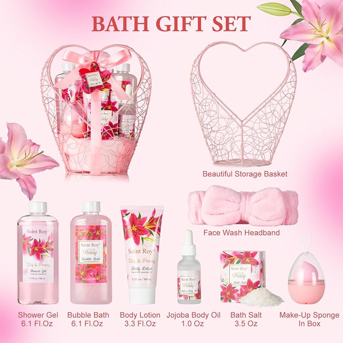 Spa Gift Basket Gifts for Mom Gifts Basket Christmas Gifts for Women Spa Set Lily & Peony Home Spa Set, Beauty Personal Care Set Jojoba Oil, Spa Self Care Kit, Bath Body For Thank You, Birthday