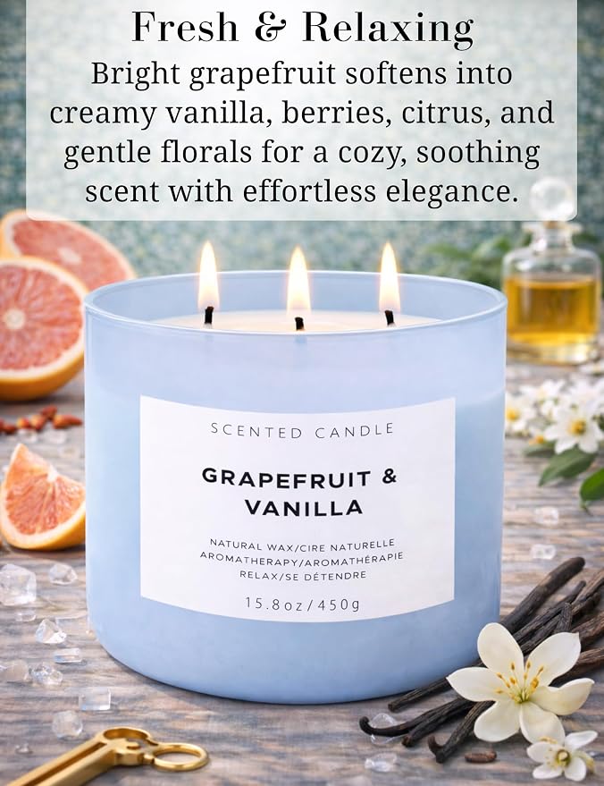 Grapefruit Vanilla 3-Wick Soy Candle | 15.8 oz Large Scented Candle for Home | Highly Scented Aromatherapy Candle for Women | Luxury Citrus Vanilla Candle Gift | Clean Burn Long Lasting