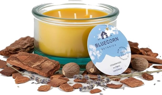 Bluecorn Botanica Beeswax 3-Wick Candle – Cedarwood, Nutmeg & Lavender, 100% Pure Beeswax & Essential Oils – 10oz Hand-Blown Recycled Spanish Glass – Non Toxic, Clean Burning, Refillable Glass Jar