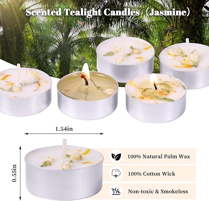 Jasmine Scented Tealight Candles 16 Pack - 4-Hour Palm Wax White Tea Lights, Plant Dried Flower Scented Tea Candle (Paraffin-Free), Votive Candles for Home/Yoga/Bath/Meditation