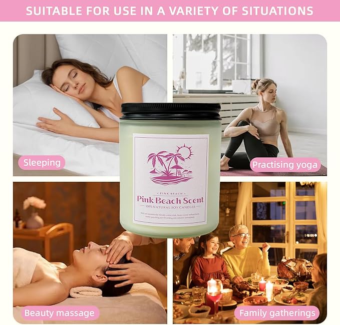 Pink Beach Scented Candle, 9 oz Natural Soy Candles for Home Scented, 50 Hour Burn Time, Home Decor Gift for Women, Friends, Family