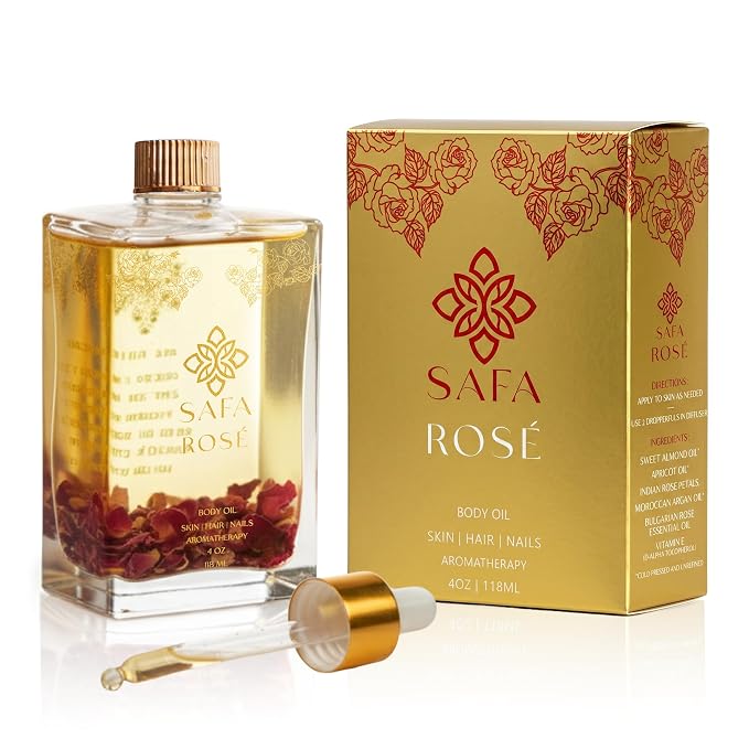SAFA Rosé Body Oil | Luxury Bulgarian Rose Oil with Real Rose Petals | Fast Absorbing After Shower Hydrating Oil | Moroccan Argan Sweet Almond & Vitamin E | Silky Moisturizer Face & Skin | 4 fl oz