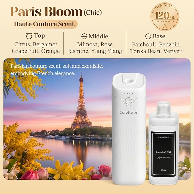 Waterless Essential Oil Diffuser (M60) with 120ml Oil, Rechargeable Portable Battery-Operated Cold Air Aroma Scent, 4 Adjustable Intensity Levels, Quiet Diffuser for Bedroom Bathroom Car