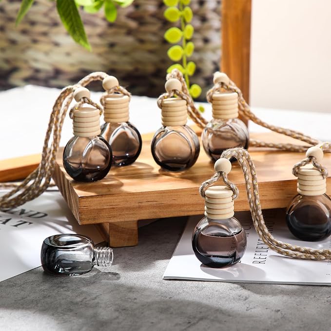 BBTO 50 Pcs Hanging Car Air Freshener Black Car Diffuser Bottles Empty Glass Perfume Bottle Freshener Diffuser Bottles Pendant for Essential Oil Fragrance Aromatherapy Ornament(Round)