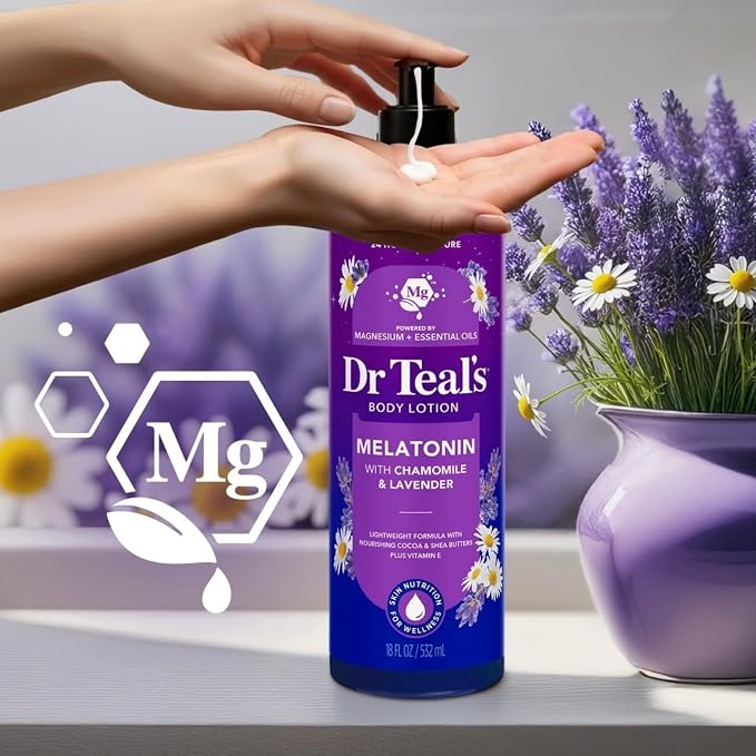 Dr Teal's Melatonin Body Wash and Body Lotion Set with Chamomile & Lavender, Magnesium & Essential Oils, 24 fl oz and 18 fl oz
