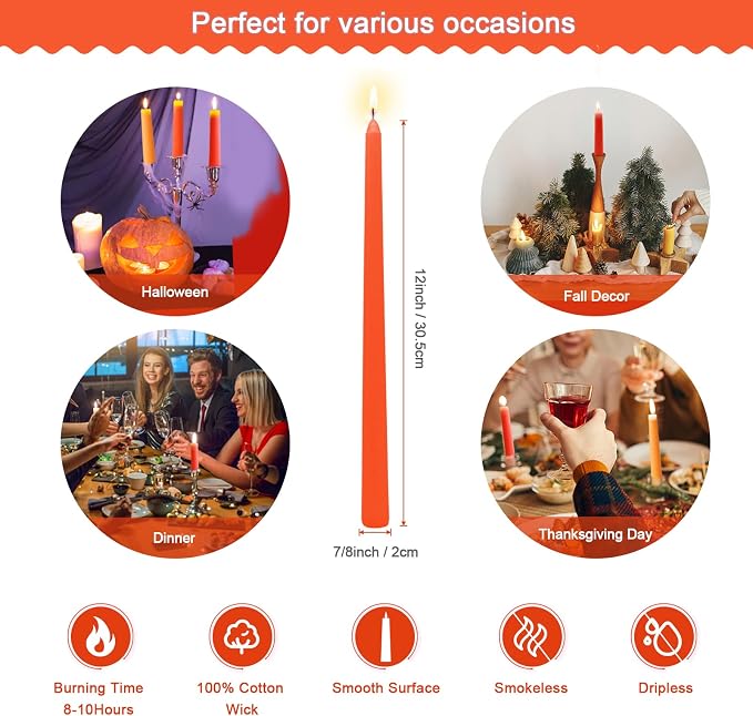 12 Inch Gradient Orange Taper Candles for Home Decoration, 8 Pack Long Candlesticks for Dinner Party Holiday Fall Halloween and Harvest