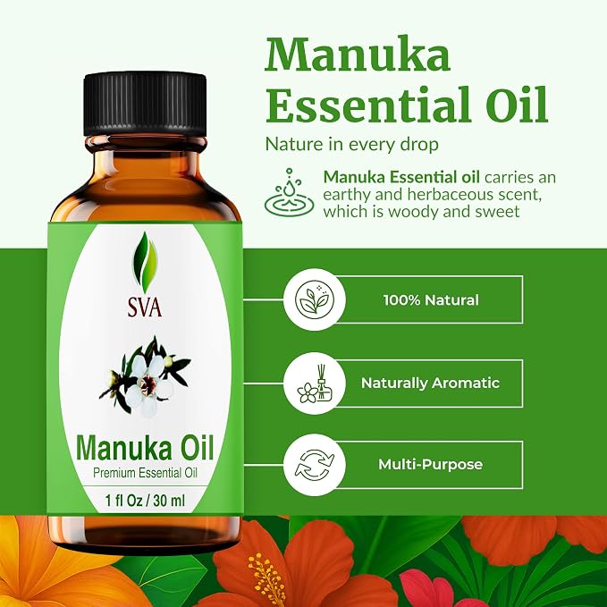 SVA Manuka Essential Oil – 1 Fl Oz – 100% Natural Manuka Oil - for Diffuser, Hair Care, Face, Skin Care, Aromatherapy, Scalp and Body Massage, Soap and Candle Making – with Dropper