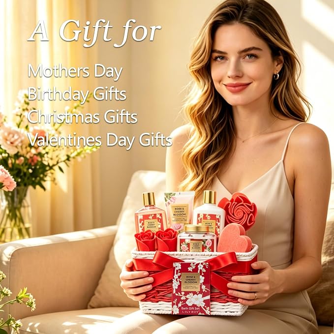 Gifts for Women, Birthday Gift Basket - 9 Pcs Rose Bath and Body Gift Basket Set, Spa Gift Set with Shower Gel | Pampering Spa Gift for Christmas, Valentines Day, Mothers Day Gift Sets for Mom