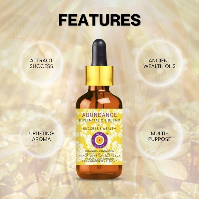 déve herbes Abundance - Essential Oil Blend for Success & Wealth with Orange, Cinnamon, Geranium, Nutmeg, Clove, Myrrh, Ylang Ylang, Patchouli, Ginger, Frankincense Essential Oils 10ml & 5ml
